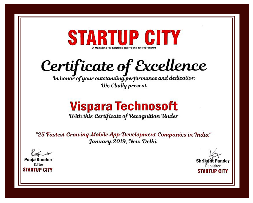  vispara technosoft certificate of 25 fastest mobile app development company in India